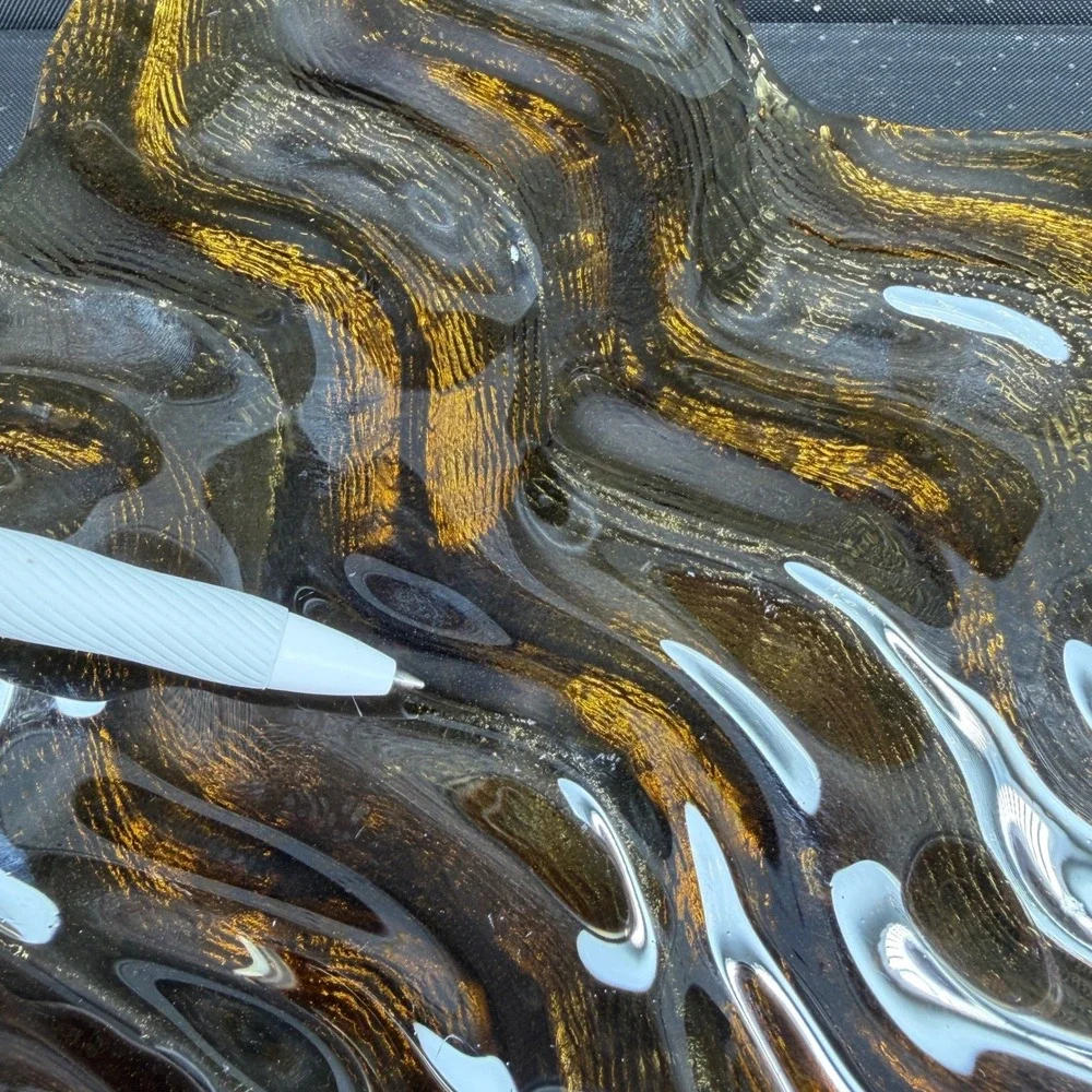 Hudson Beach Amber Gold Textured Wavy Art Glass Centerpiece Bowl 13in Blown